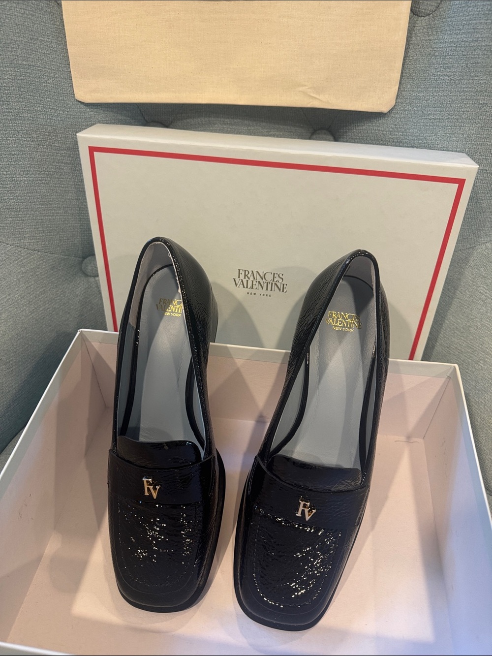 Frances Valentine Black crinkle soft Patent Loafers Gold FV Logo-Twiggy Loafer - Picture 2 of 11